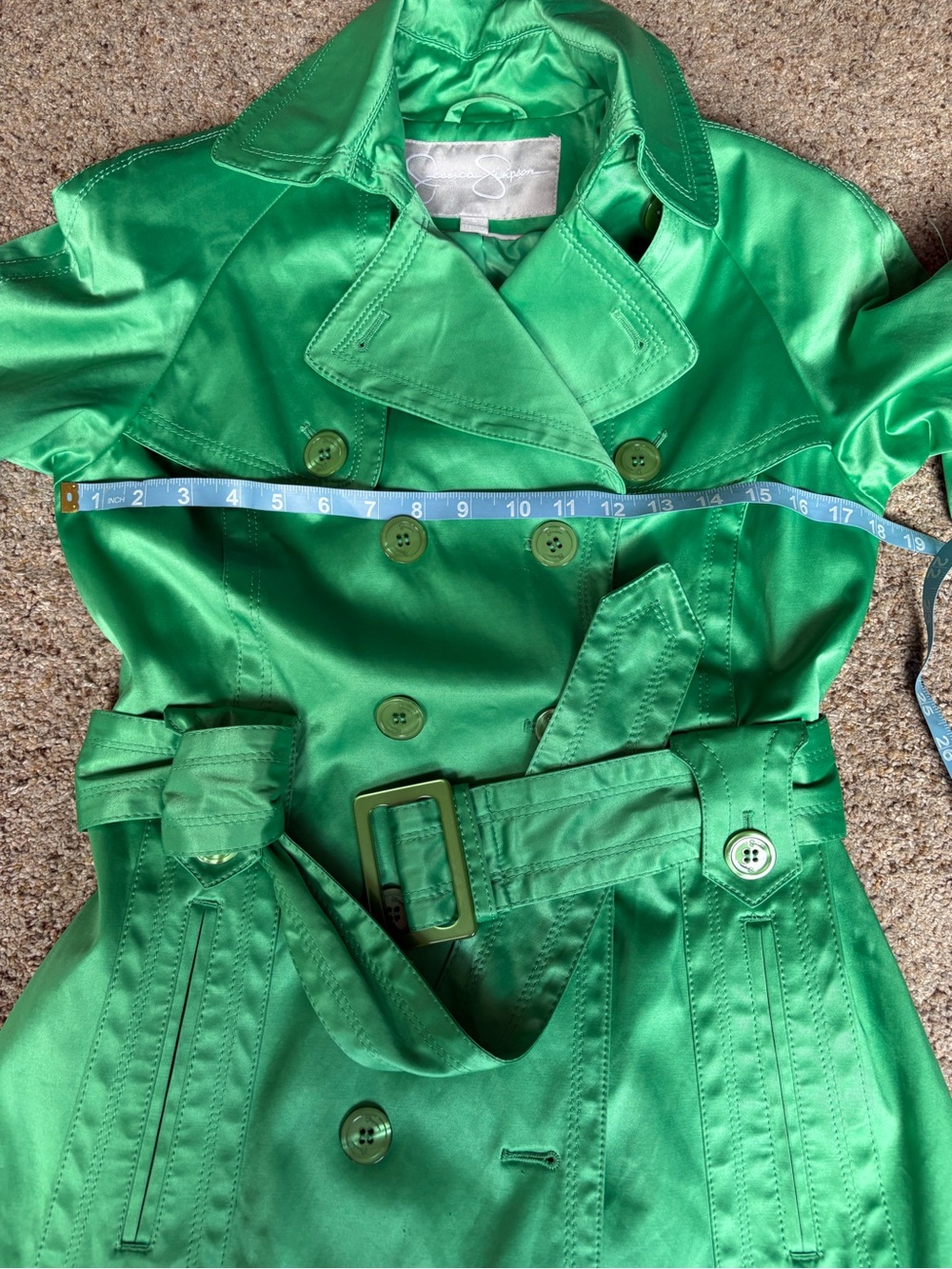 Jessica Simpson Green Satin Double-Breasted Trench Coat with Belt - Picture 13 of 15